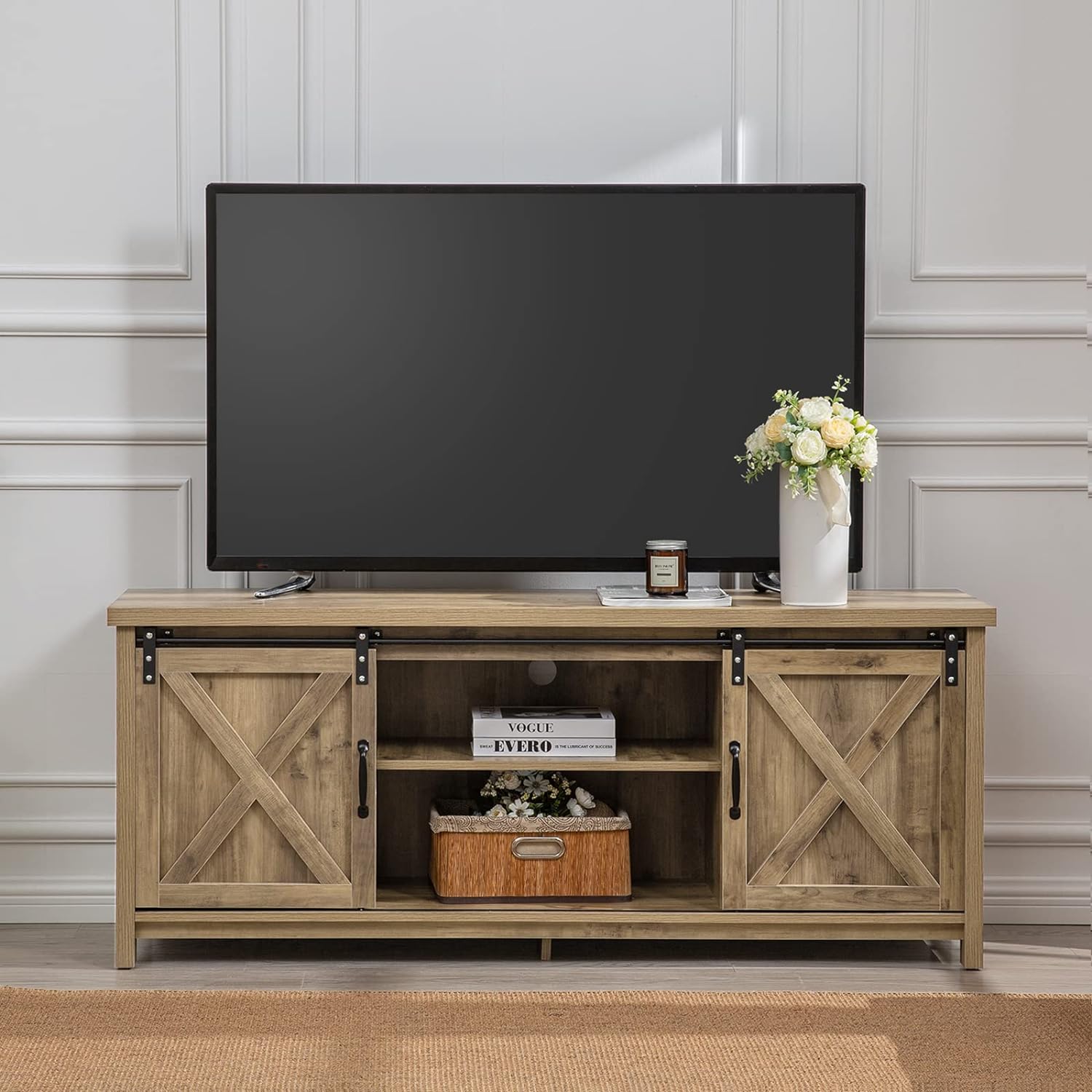 Reliancer Farmhouse TV Stand for TVs up to 65”, with Sliding Barn Doors, Light Grey