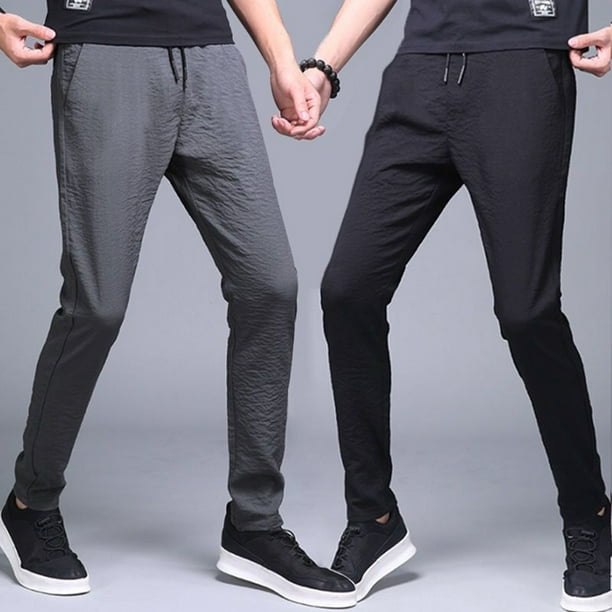 Men Casual Pants Ice Silk Solid Color Mid-waist Sports Trousers
