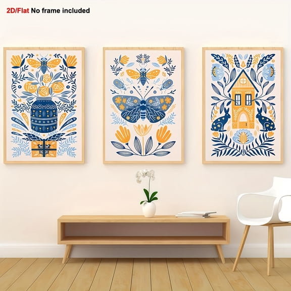 [2D Flat] 3pcs Frameless Decorative Painting Set, 2D Flat Plant Print, Navy Blue & Yellow Butterfly Poster Collection, Bohemian Wildflower Art Print, Minimalist Wall Art for Home, Living Room, and B