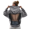 thumbnail image 2 of Women Hollow Mesh Back Hooded Long Sleeve Oversized Pullover Sweatshirt Breathable Party Streetwear Top with Pocket, 2 of 6