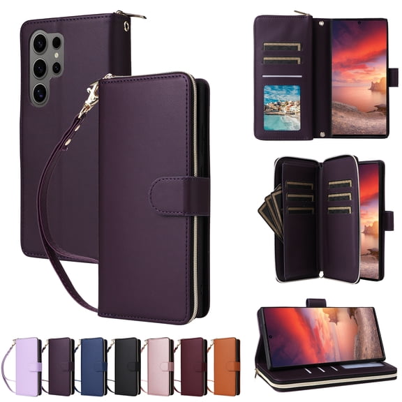 for Samsung Galaxy S24 Ultra Crossbody Wallet Case with Card Holders Zipper Pocket for Women, Protective PU Leather Cover with Shoulder Strap & Hand Strap for Samsung Galaxy S24 Ultra, Darkpurple