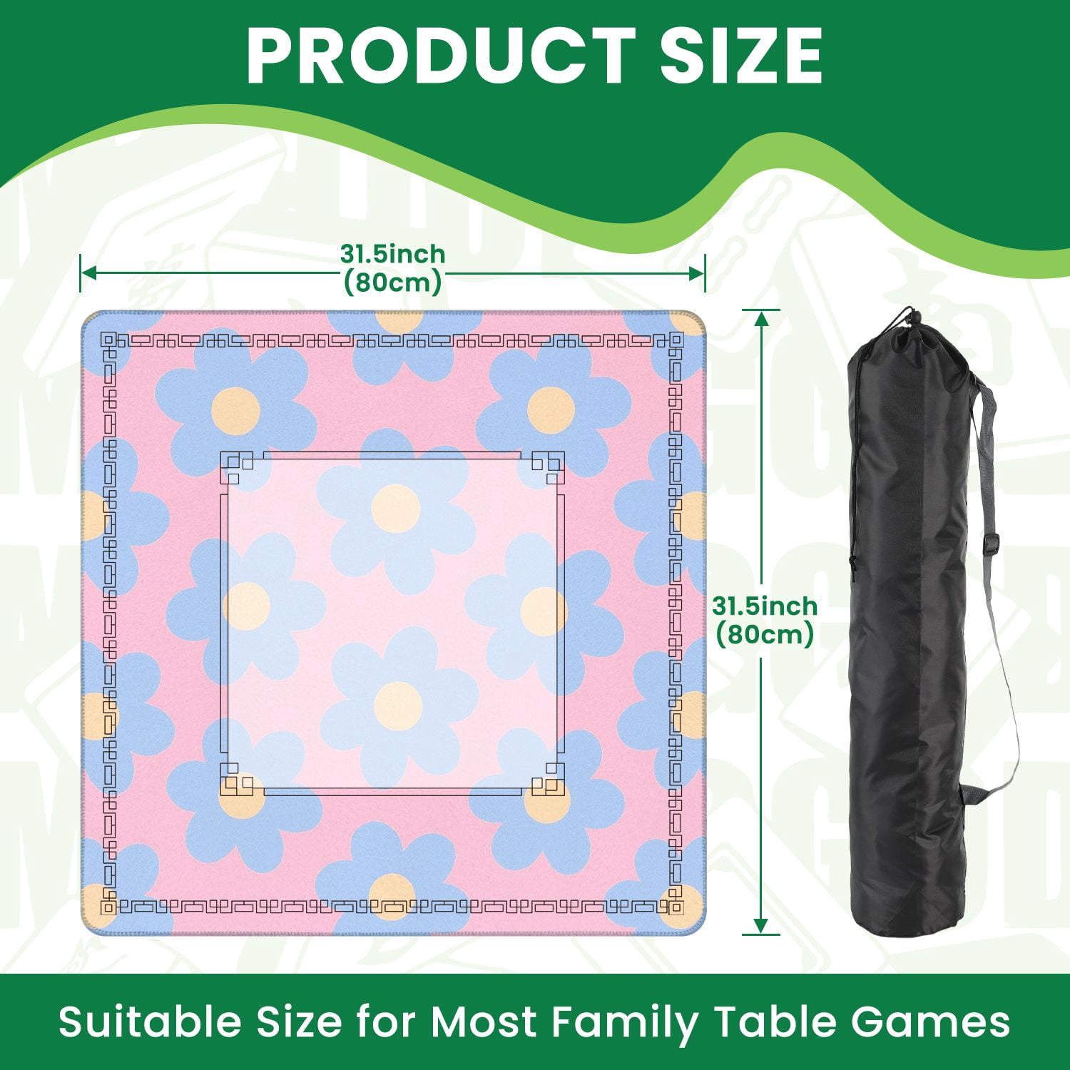 Mahjong Mat 31.5" x 31.5" Soft Blue Daisy Flower Pink Non-Slip Noise Reduction American Mahjong Tiles Table Cover for Dominoes Poker Card Board Games Gift