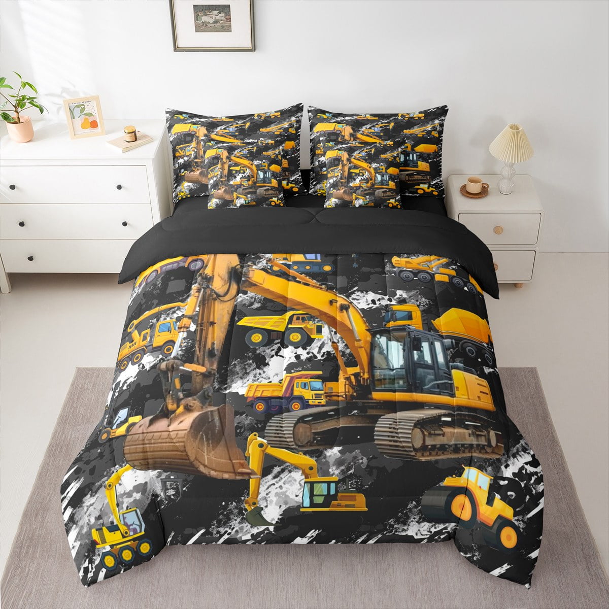 Manfei Excavator Pattern 7 Pieces Bedding Comforter Set,Construction Vehicles Full Bedding Set,Yellow Black Fitted Sheet Flat Sheet For Boys Kids,Luxury Bedroom Decor Reversible