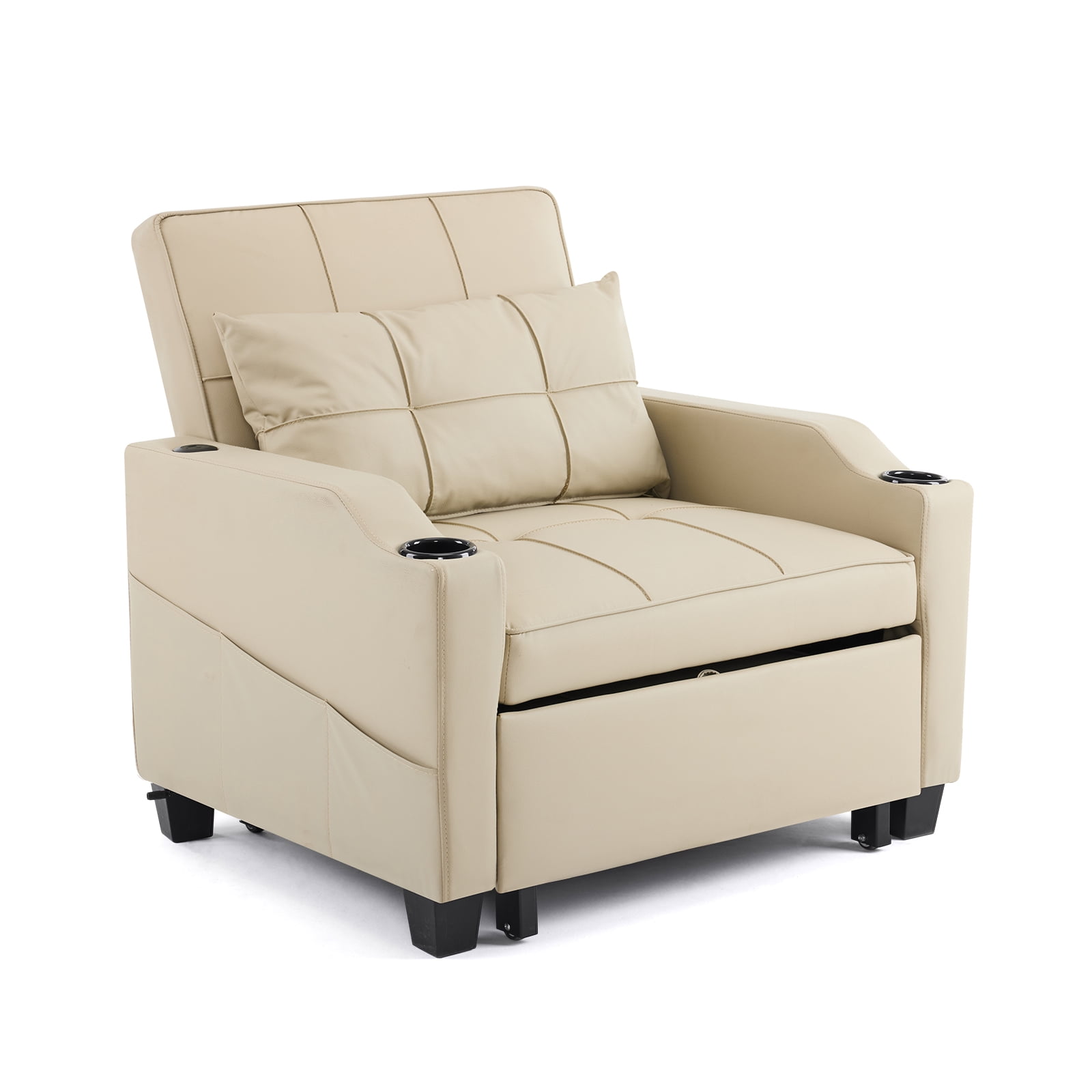 Ktaxon Sleeper Sofa Bed Convertible Chair Faux Leather 3-in-1 Futon Sofa with Lumbar Pillow for Living Room Bedroom Office Apartment Furniture Beige