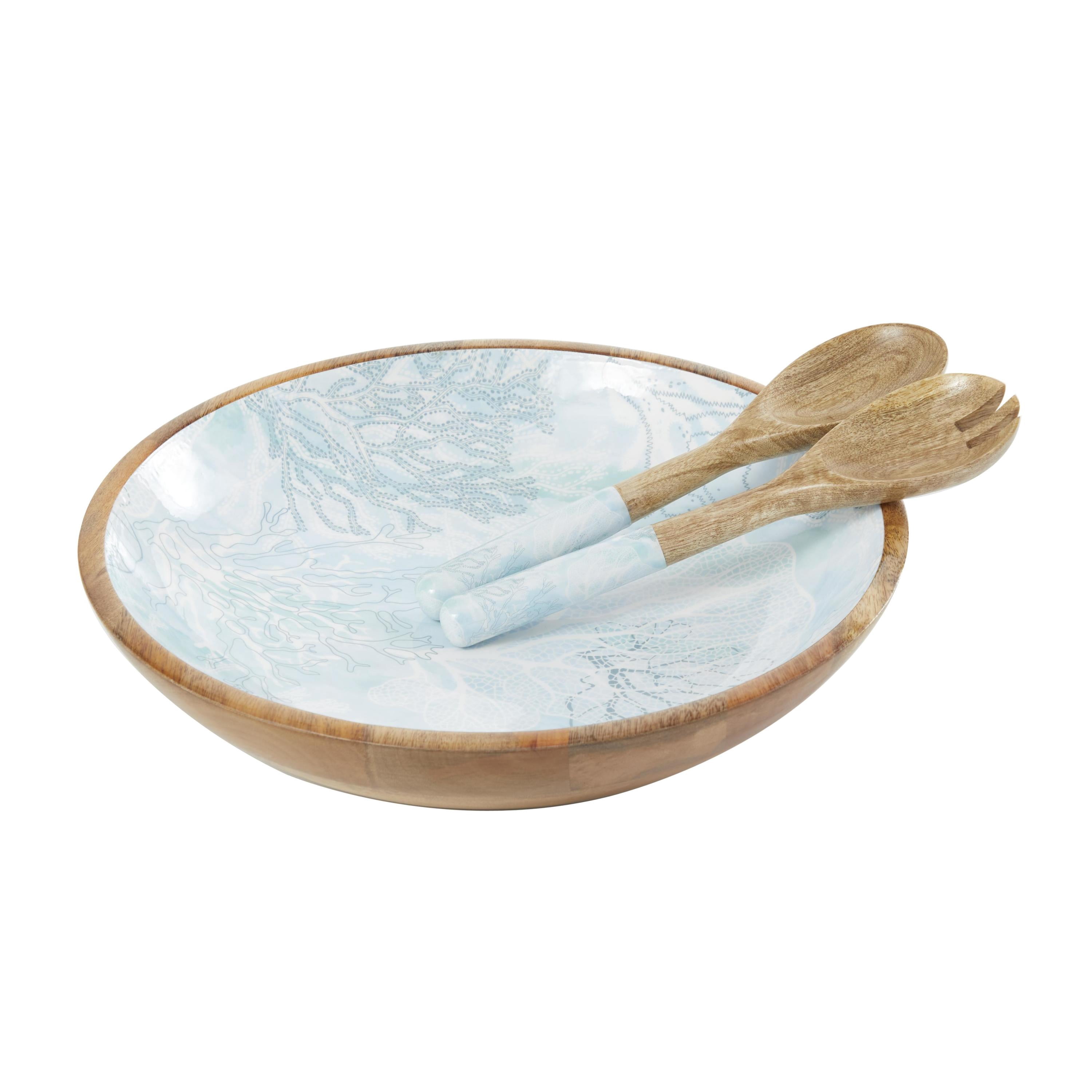 DecMode 15", 11", 11"W Handmade Round Light Blue Mango Wood Decorative Bowl with Matching Salad Serving Utensils, Set of 3