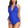 thumbnail image 2 of EastElegant Maternity Swimsuits One Piece V-Neck Pregnancy Swimwear Halter Maternity Bikini Blue Small, 2 of 7