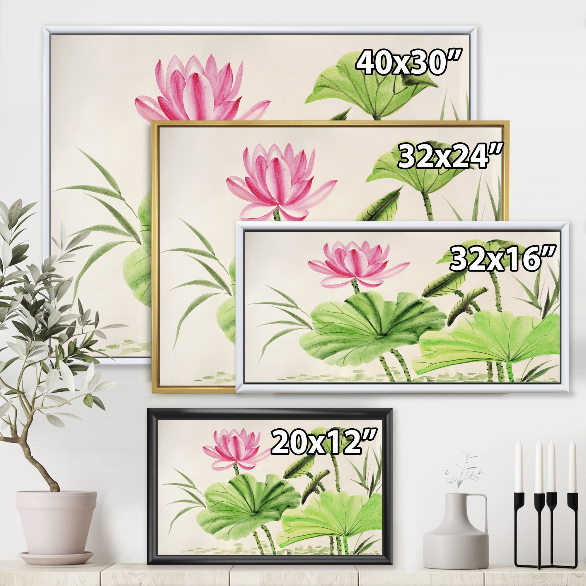 Designart 'Ancient Pink Lotuses In The Pond V' Traditional Framed Canvas Wall Art Print