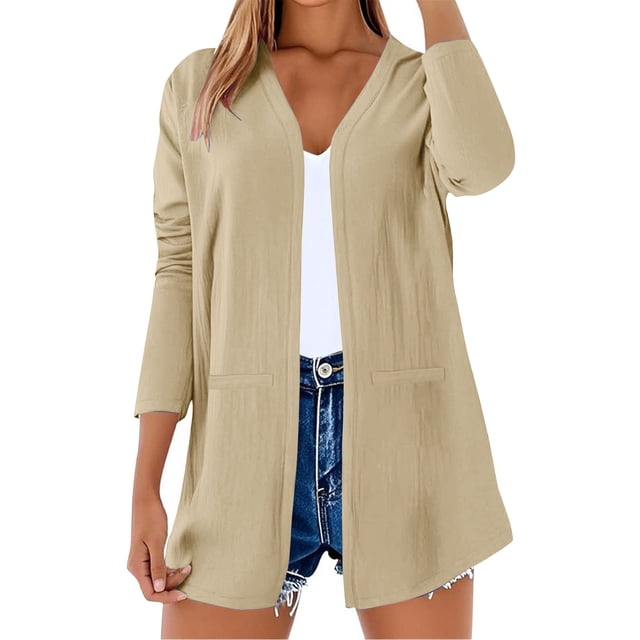 Chemises pour Femmes en Lin Cardigans pour Femmes Tendance Manches Longues Col en V Ouvert Chemises en Lin avec Poches Chemise en Denim Femmes Col en V Chemises Femmes