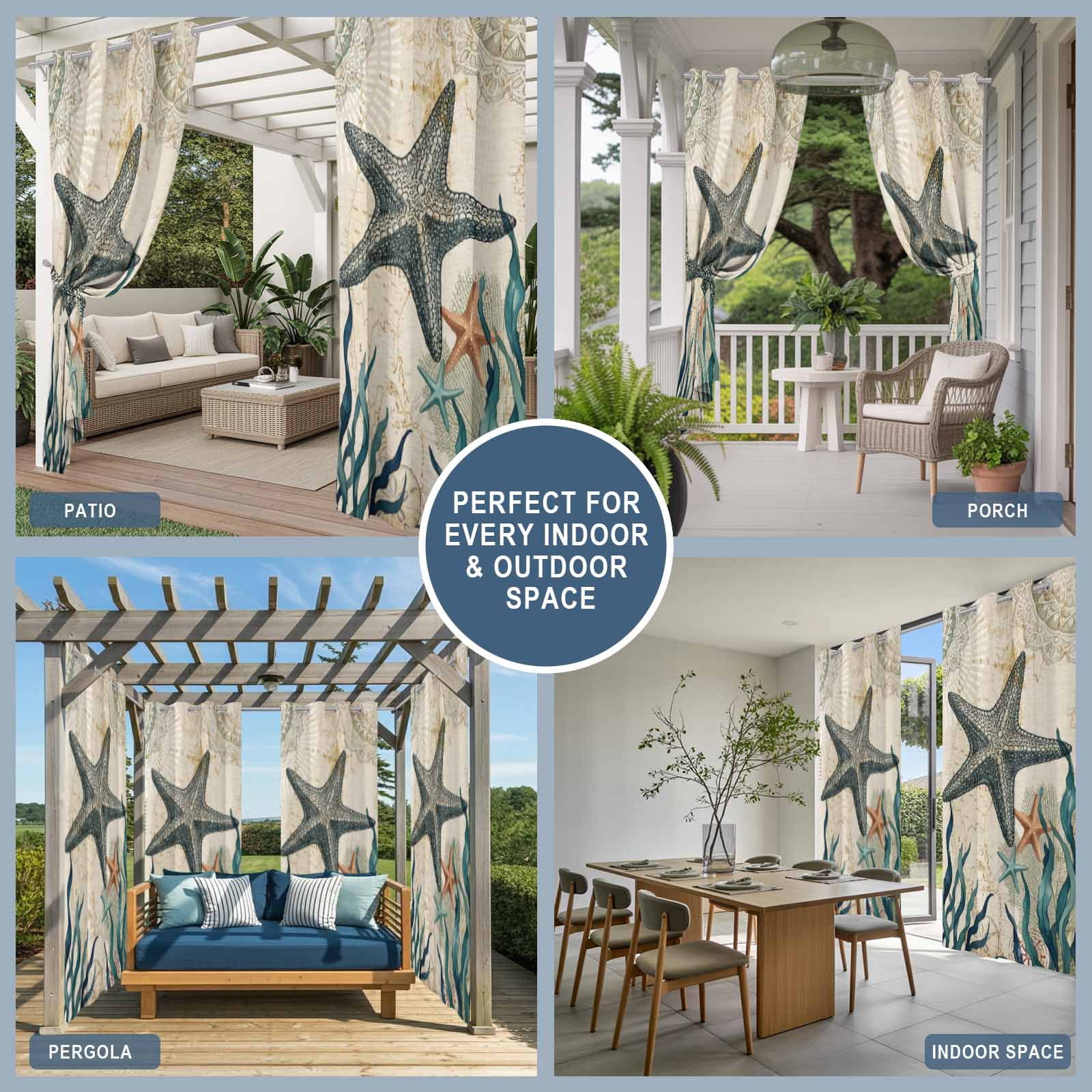 Rustic Ocean Starfish Outdoor Curtains for Patio, Country Nautical Coastal Beach Seaweed Sand Dollar Sunshade Privacy Drapes Grommet Waterproof Outside Curtains for Porch Balcony 54"x108", 1 Panel