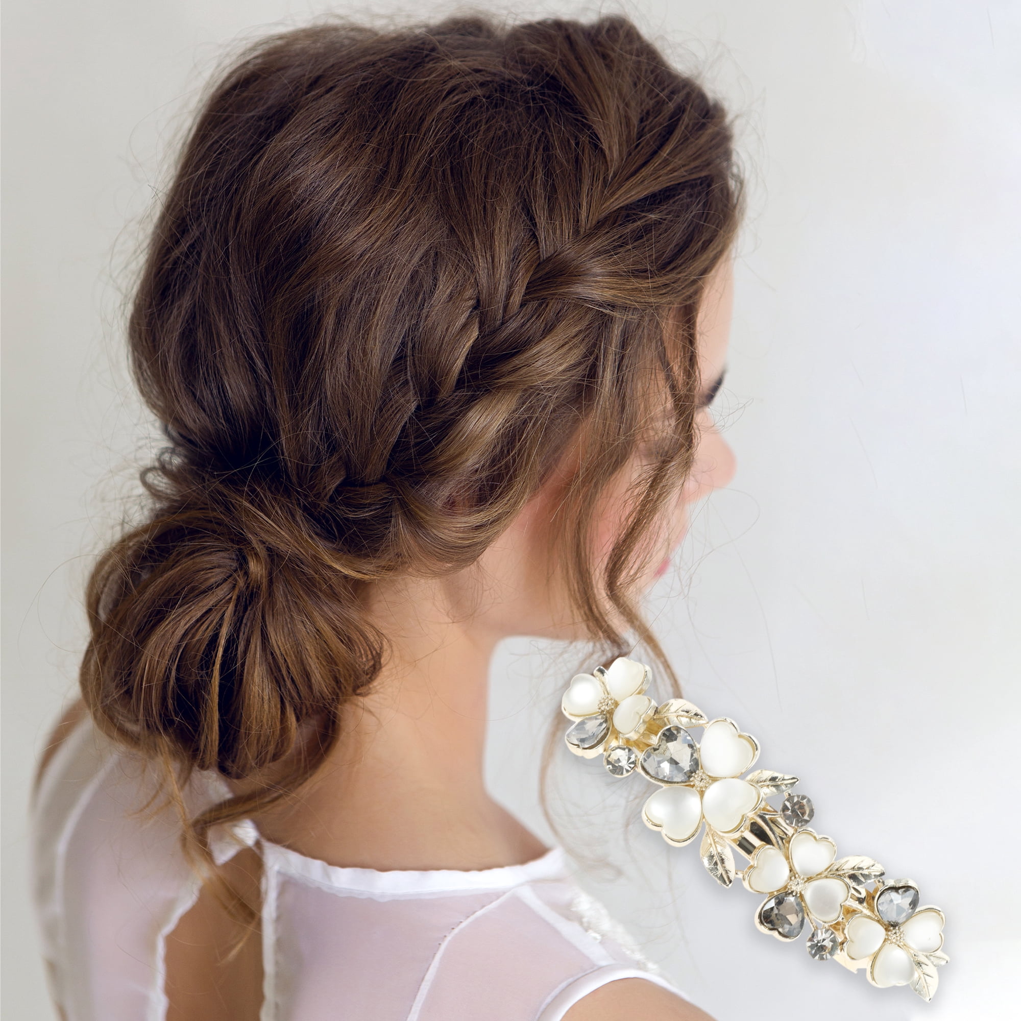 Unique Bargains Lily Flowers French Barrette Hair Clips Gold Tone Gray
