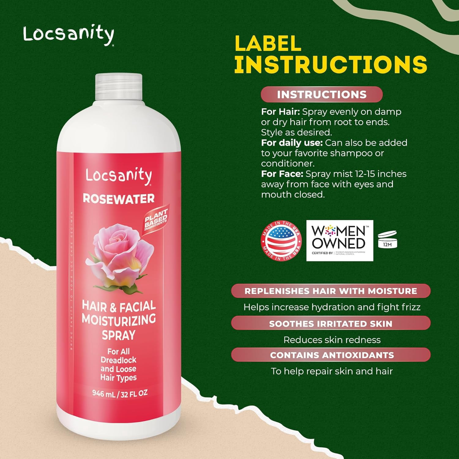 Locsanity Pure Rosewater Hair and Facial Spray – Jumbo Size Hydrating Face Mist to Soothe, Refresh, and Rejuvenate Skin, Reduce Oil and Buildup (32oz)