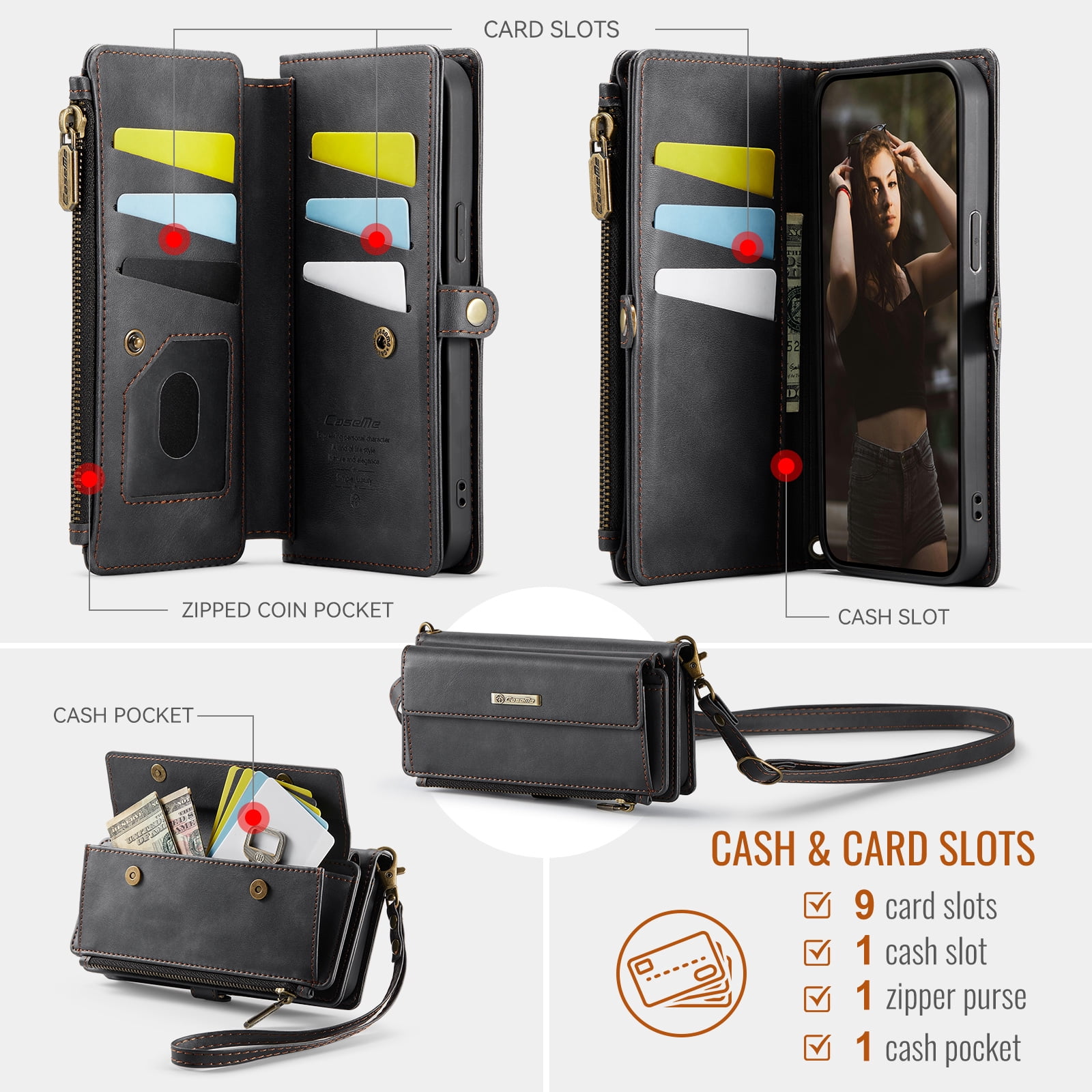 Compatible with iPhone 13 Wallet Case, Women Men RFID Blocking PU Leather Flip Cover Zipper Pocket Card Slots Phone Case for iPhone 13, Wrist Strap & Crossbody Strap, Black