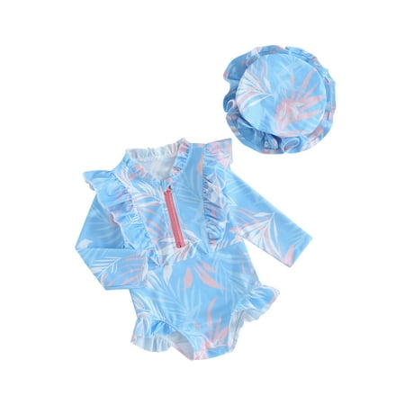 

Mioliknya Baby Girl Long Sleeve Zip Up Swimsuit + Swim Hat Bathing Suit Set
