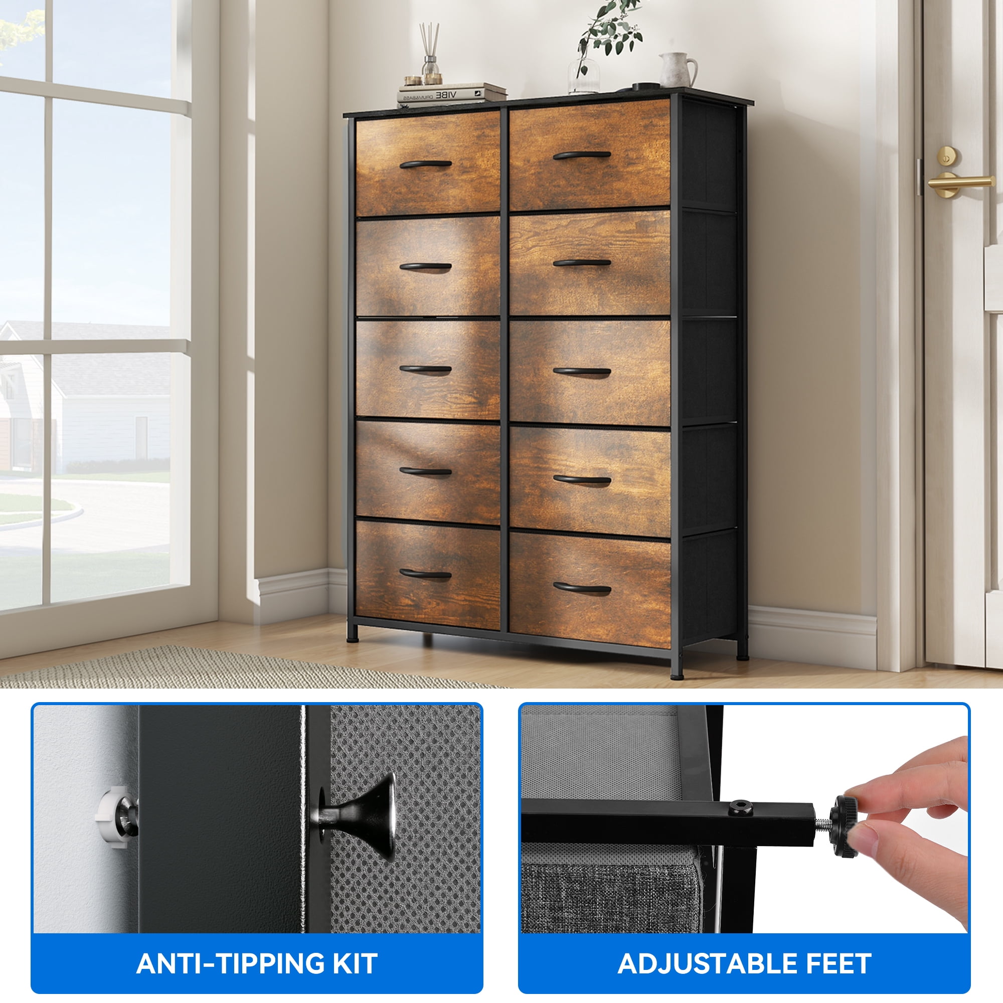 Uforic 10-Drawer Fabric Dresser for Adults, Chest of Drawers for Bedroom Organization, Brown