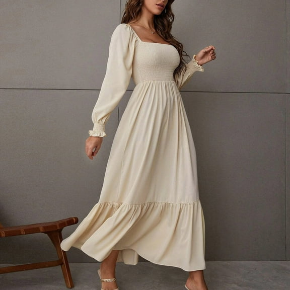 Njagoc3 Womens Long Sleeve Bell Cuff Maxi Dress, Formal Bohemian Wedding & Elopement Outfit