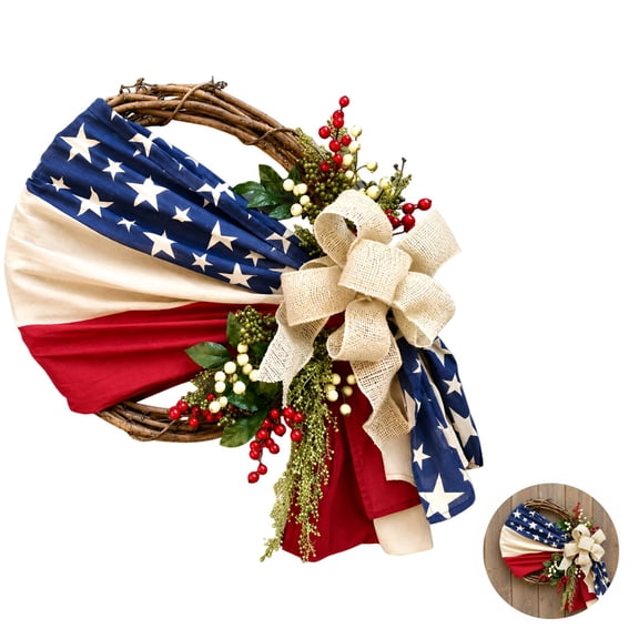 Door Wreath with American Flag, Red White Berries and Burlap Bow, Wreath for Day Celebration, All Season Welcome Sign