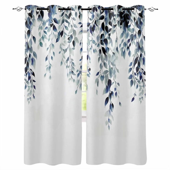 Blue Teal Eucalyptus Blackout Curtains for Bedroom - 84 Inch Long Light Blocking 2 Panels Set, Weeping Botanical Leaf Watercolor Thermal Insulated Living Room Drapes Grommet Window Curtains 52"x84"