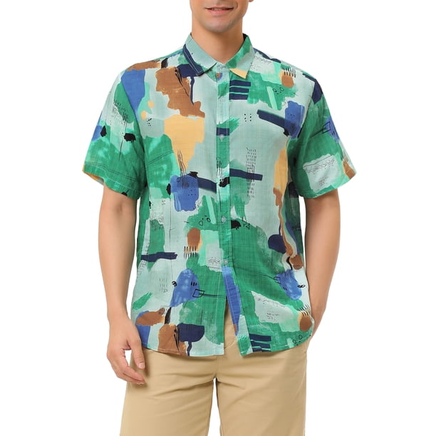 CAMISA HAWAIANA DE MANGA CORTA CON BOTONES PARA HOMBRE IMPRESA EN BLOQUES DE COLOR VERDE Y AZUL XL