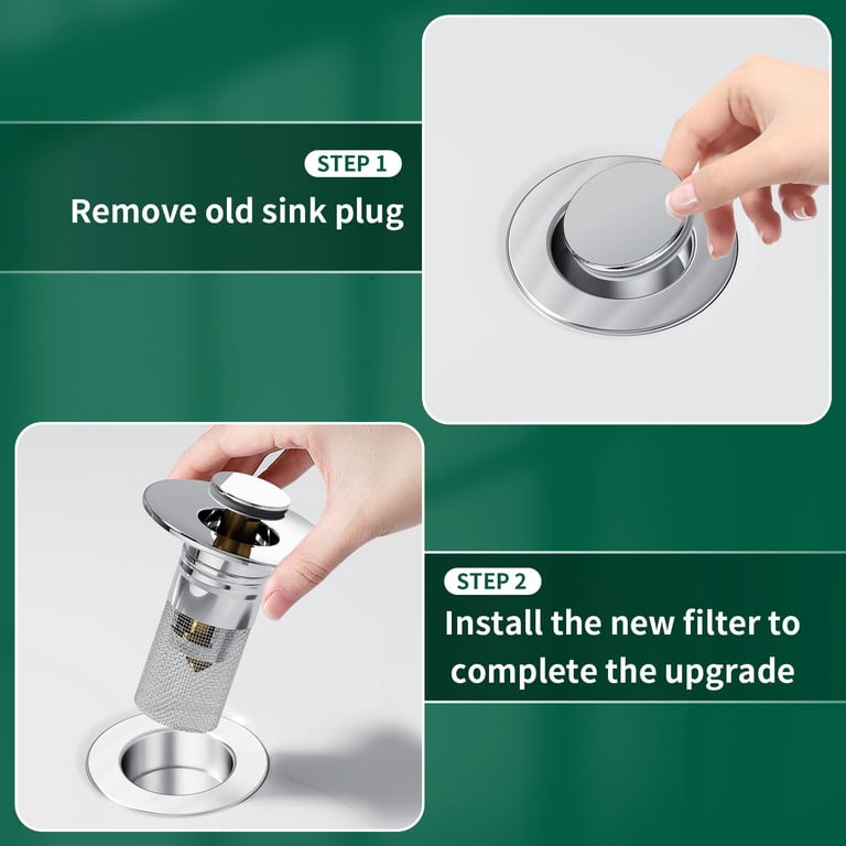 2-Pack 3-in-1 Pop Up Sink Drain Strainer – 304 Stainless Steel Kitchen & Bathroom Hair/Food Catcher With Square Hole Drainage