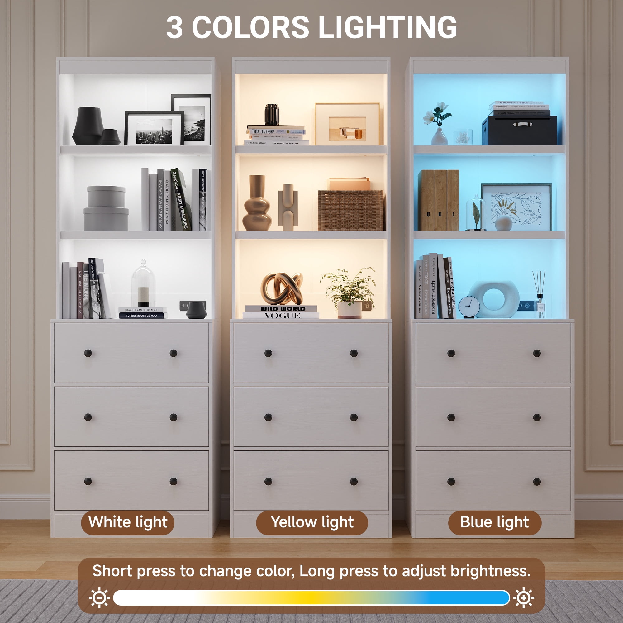 NEGYLIM 71" Bookcase with Drawers & Shelves, Wooden Bookshelf with Charging Station & Adjustable LED Lights, Anti-tipping Design for Living Room Home Office, White