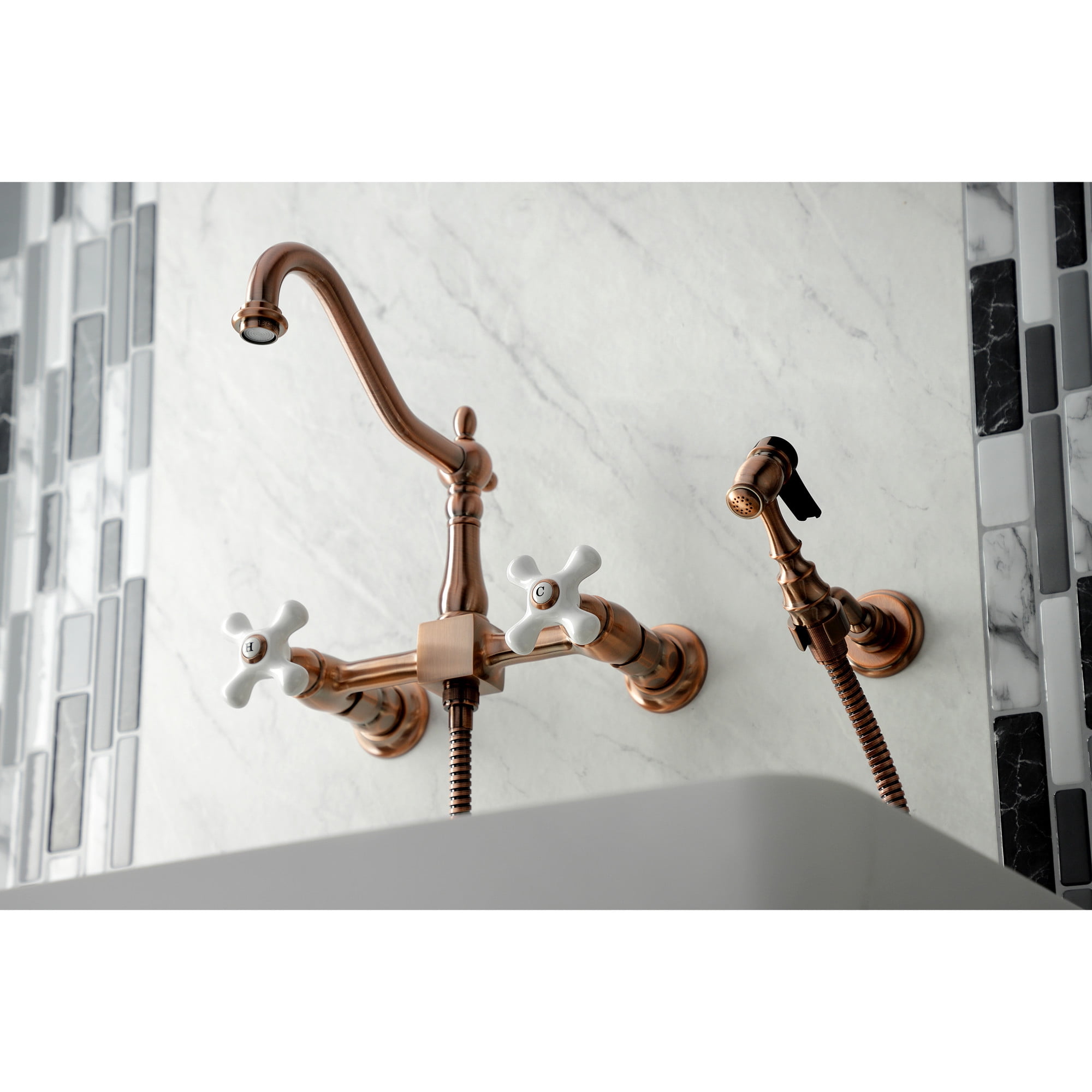 Kingston Brass KS124PXBSAC Heritage Double-Handle Wall-Mount Bridge Kitchen Faucet with Brass Sprayer, Antique Copper