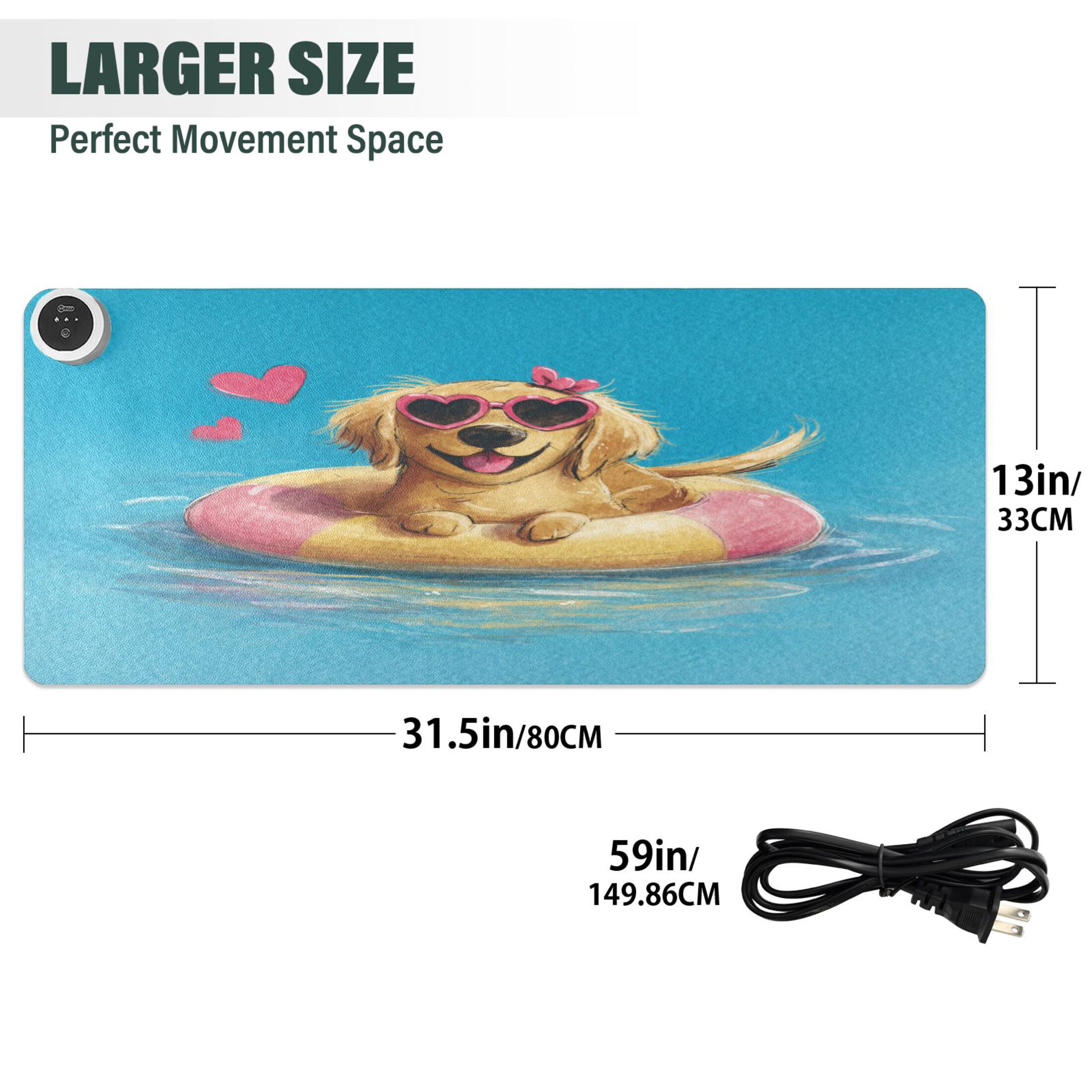 Large Heated Desk Mat Mouse Pad 31.5"x13"PU Leather Graphene Heating Desk Warmer with 3 Temperature Settings 110V US Plug Non-Slip Warm Pad for Home, Office, and Gaming Cheerful Watercolor Pool Pup