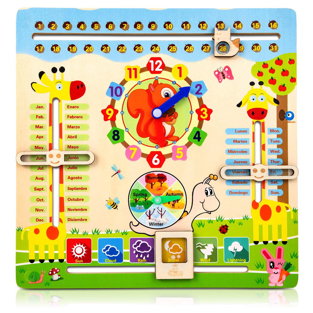 Kids Educational Calendar Teaching Clock Childrens Wooden Learn The Time Toys 