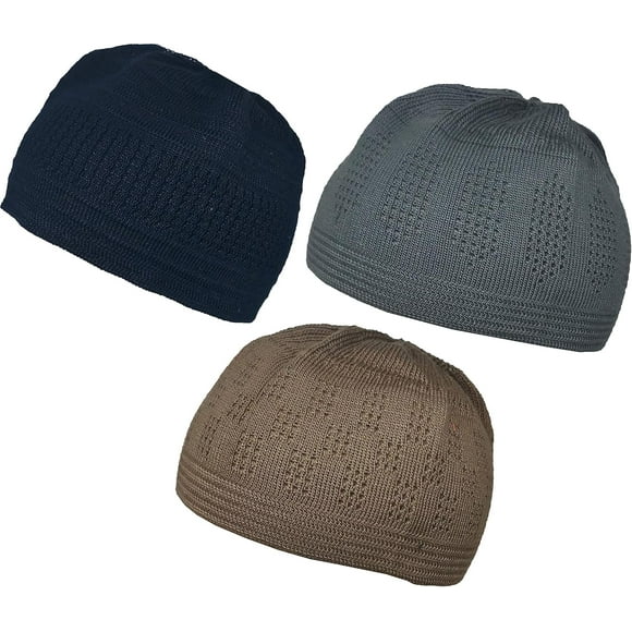 shiyou-Pack 3 Color Muslim Knit Cap Amn026 Kufi Topi Islam Hat Crochet Takke Skull Beanie, Dark Blue/Grey/Brown, Medium-Large