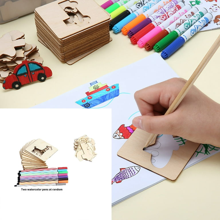 Hadanceo 1 Set Kids Drawing Stencils Watercolor Pen Early Educational Toy  Wood DIY Art Craft Color Painting Templates Drawing Accessories 
