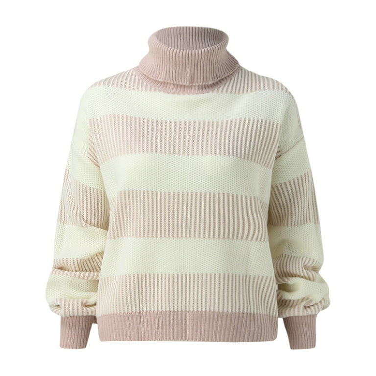 JDEFEG Soft Oversize Sweater Women's Stacked Collar Color Contrast High  Collar Long Sleeve Sweater Striped Turtle Neck Sweaters for Women Polyester  Purple M 