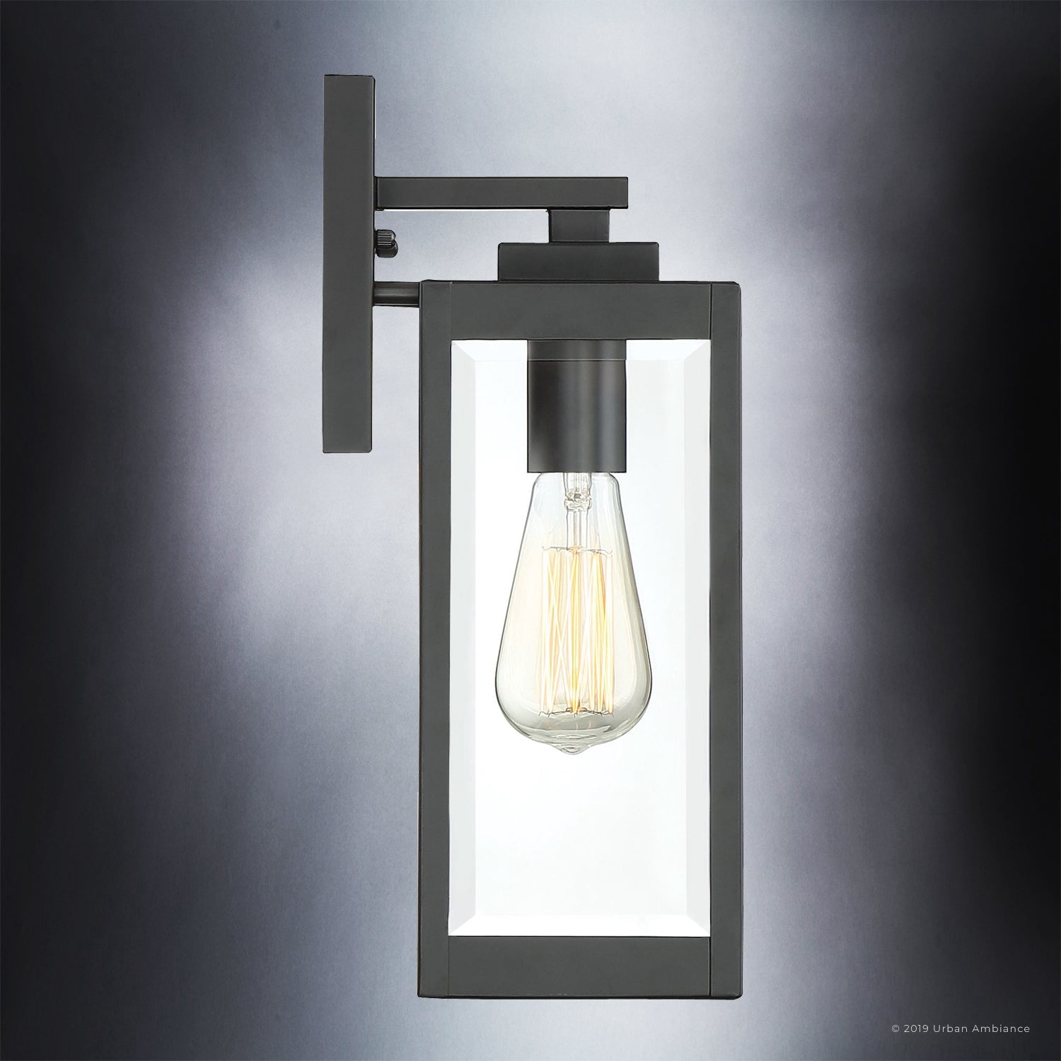Luxury Modern Farmhouse Outdoor Wall Sconce, 14.25''H x 5.00''W, with Industrial Style Elements, Minimalist Design, Natural Black Finish and Clear Glass Panel With Beveled Edge, UQL1330