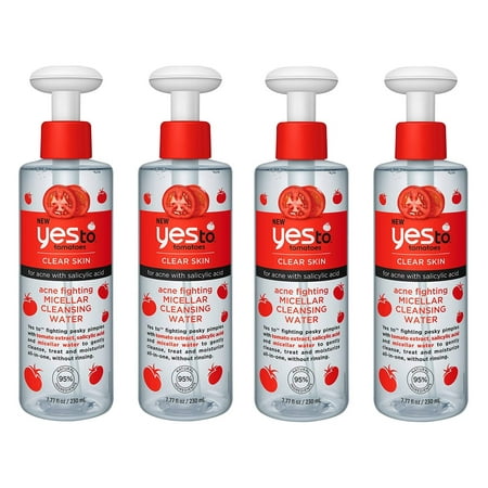 Yes To Tomatoes Clear Skin Acne Fighting Micellar Cleansing Water with Salicylic Acid, 7.77 Oz (Pack of 4) + Makeup Blender Stick, 12