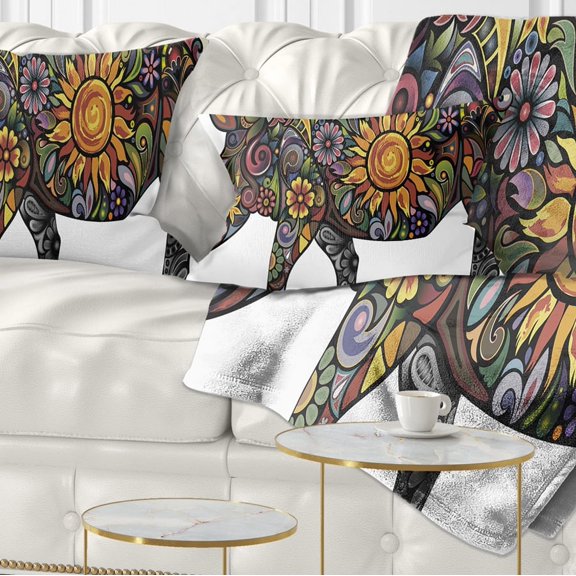 Designart Cheerful Rhinoceros on White - Animal Throw Pillow - 12x20