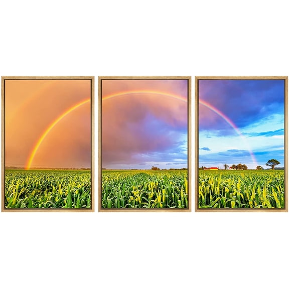 wall26 Framed Canvas Print Wall Art Set Pastel Sky Sunset Rainbow Farm Field Nature Wilderness Photography Realism Decorative Landscape Colorful for Living Room, Bedroom, Office - 24"x36"x3