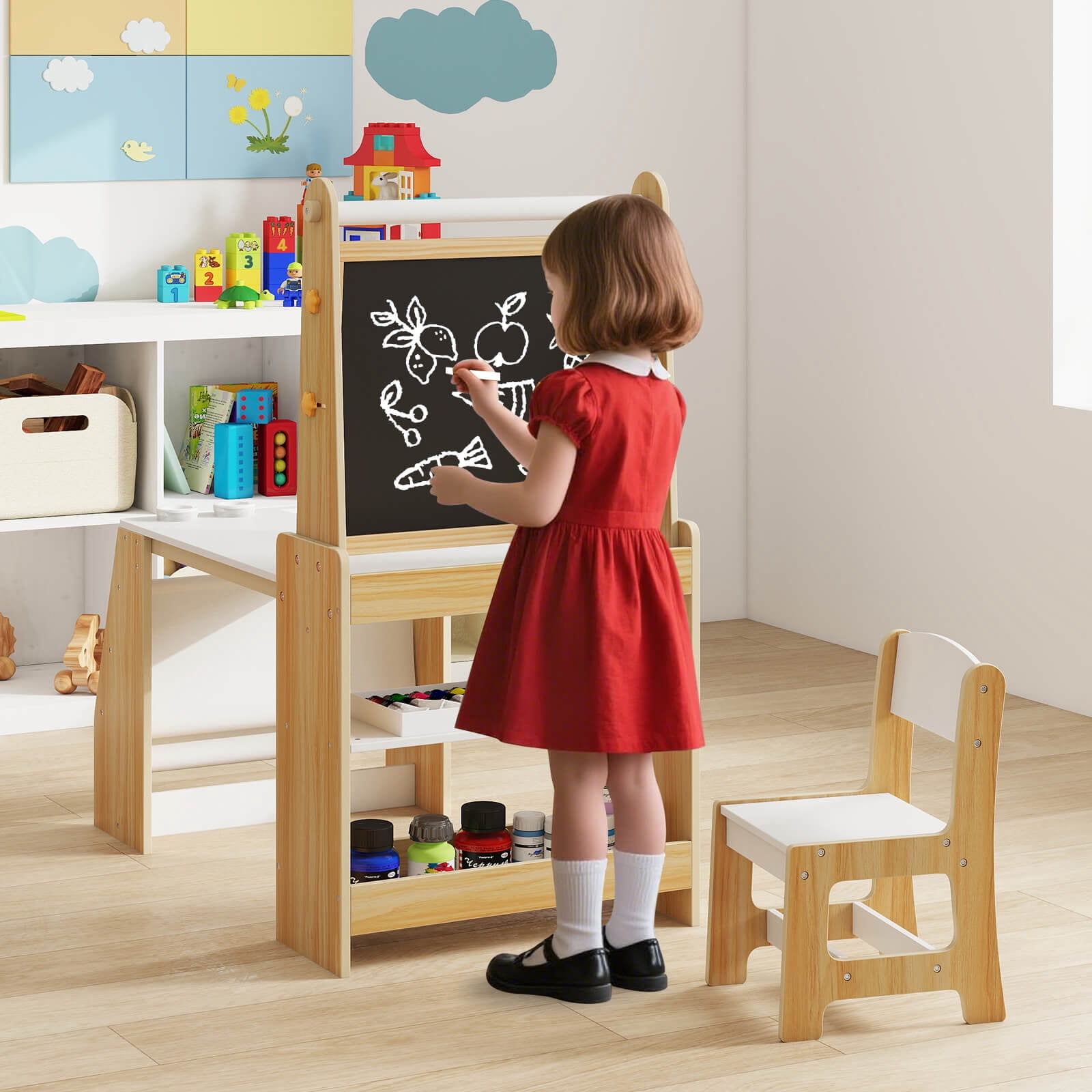 Costway Kids Art Table and Chair Set with Easel & Chair Whiteboard & Chalkboard Paper Roll Natural + White