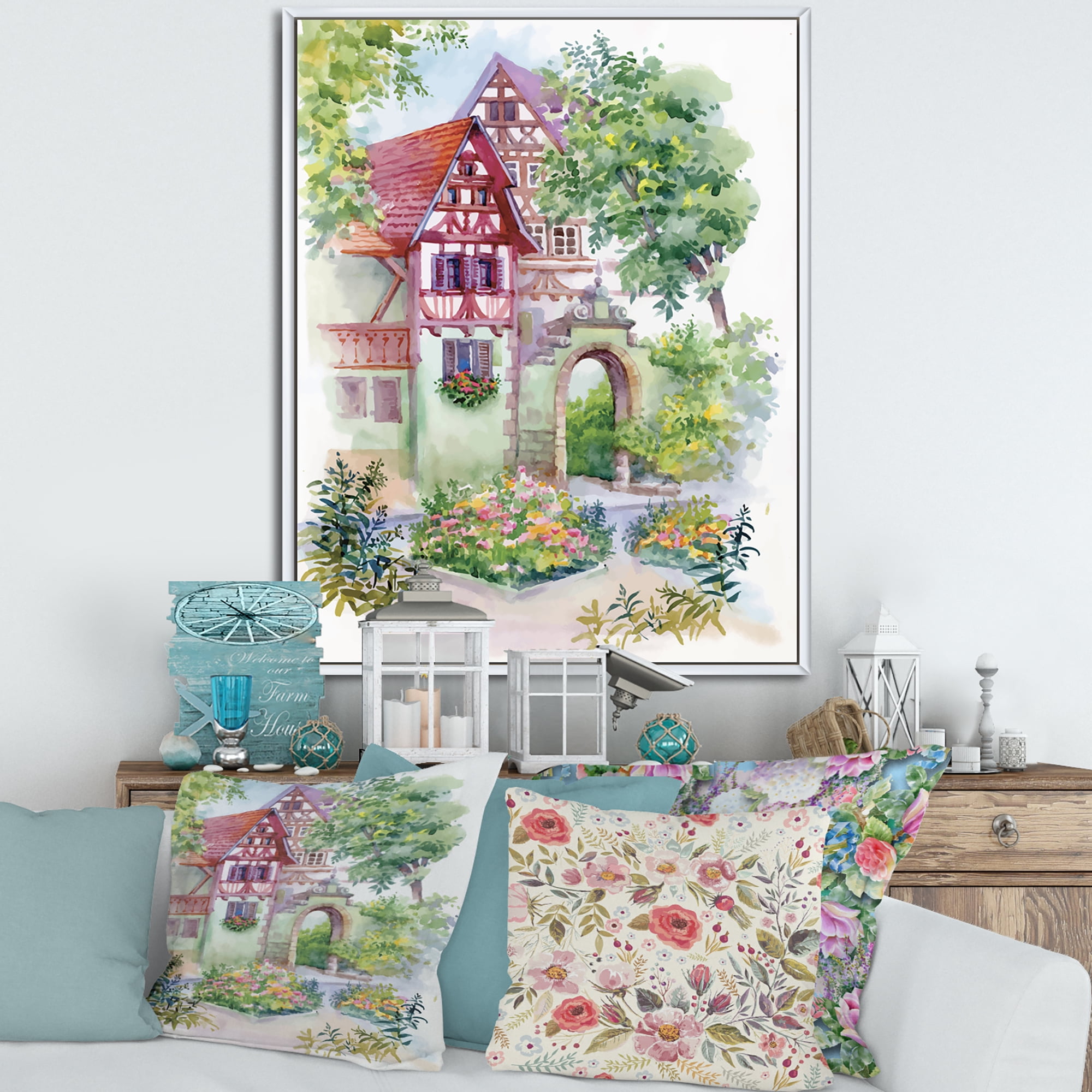 Designart 'Red Rustic House In The Country Side Landscape' Traditional Framed Canvas Wall Art Print