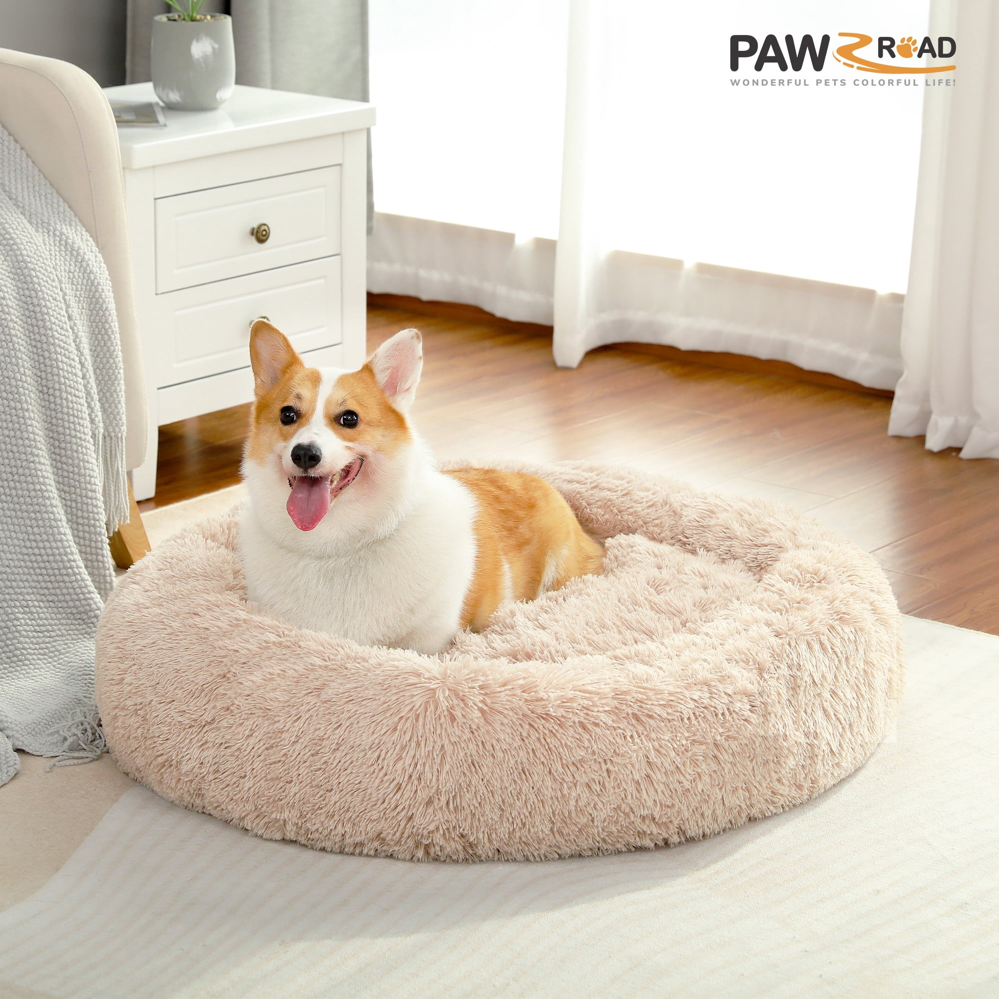 PAWZ Road Calming Donut Dog Bed Anti-Anxiety Plush Pillow Round Puppy Cat Bed 35" for Pets Up to 100lbs,Beige