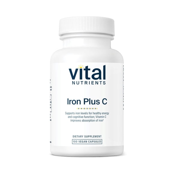Vital Nutrients Iron Plus C | Vegan Iron Supplement | 20mg Fe with 200mg Vitamin C to Increase Fe and Energy Levels | Gluten, Dairy, Soy Free | Non-GMO | 100 Capsules