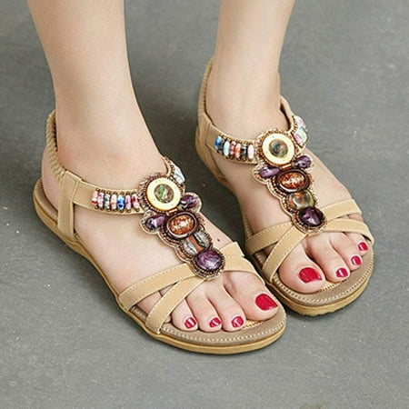 

Sandals Women Women S Fashion Sweet Beaded Clip Toe Flats Bohemian Herringbone Sandals Womens Sandals Pu Khaki 44
