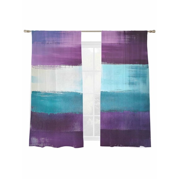 Purple and Sheer Curtains for Living Room Bedroom, Light-filtering Sheer Curtain, Teal Abstract Ombre Oil Painting Art Modern Rod Pocket Voile Window Treatment Drapes, 52’’Wx63’’L, 2 Panels Set
