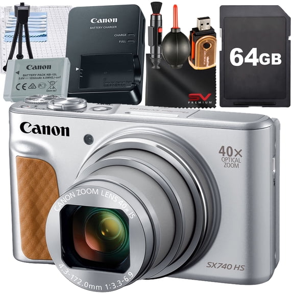 Canon PowerShot SX740 HS Digital Camera (Silver) with SanDisk 64GB Memory Card   Cleaning Pen   SV Premium Accessory Bundle (International Version)