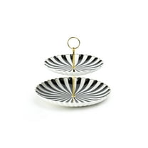 Grace Teaware Black and White Stripe Scallop Fine Porcelain 2-Tier Server