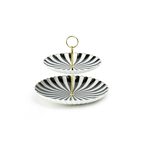 Grace Teaware Black and White Stripe Scallop Fine Porcelain 2-Tier Server
