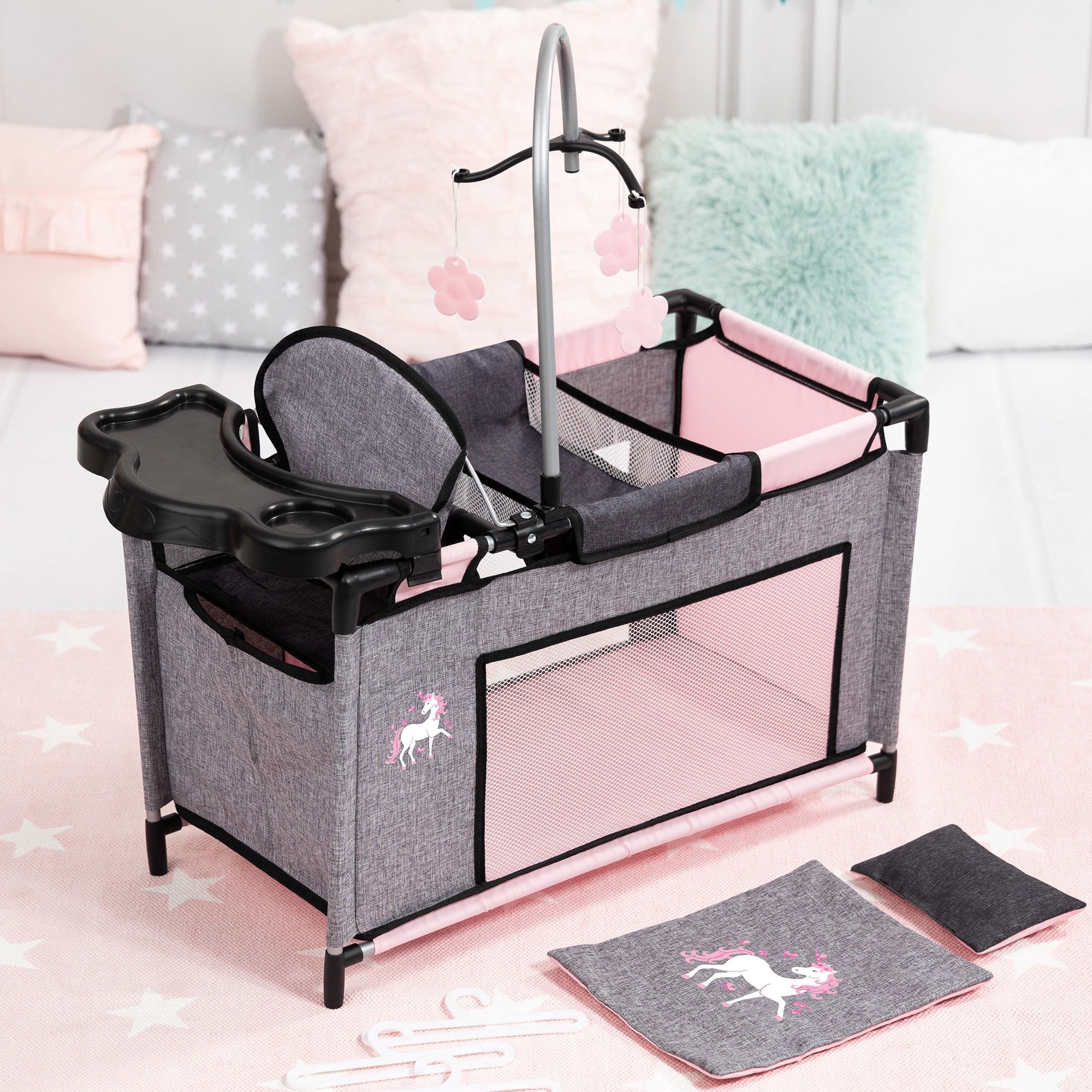 Bayer Design Dolls: Multi-Bed - Grey, Pink, Fairy - Playpen Accessory For Dolls Up To 18", Built-In Highchair & Mobile, Pillow & Blanket, Kids Age 3+