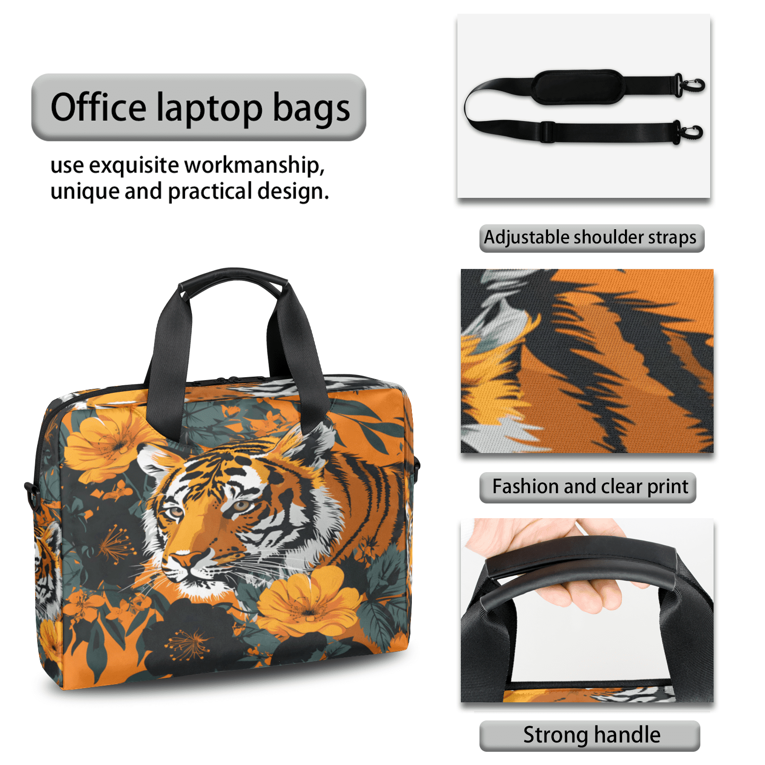 Herdesigns Tiger Laptop Bag for Women Men, Computer Case Briefcase Messenger Bags, 15-15.6 inch Laptop Sleeve Shoulder Bag