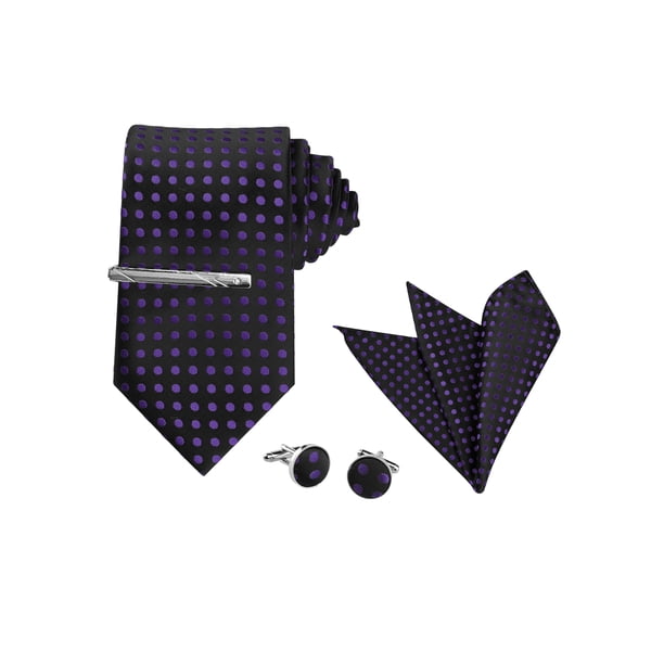 INSPIRE CHIC Corbata de lunares para hombres, juego de clip de corbata, gemelos y pañuelo de bolsillo para bodas de negocios en negro y púrpura