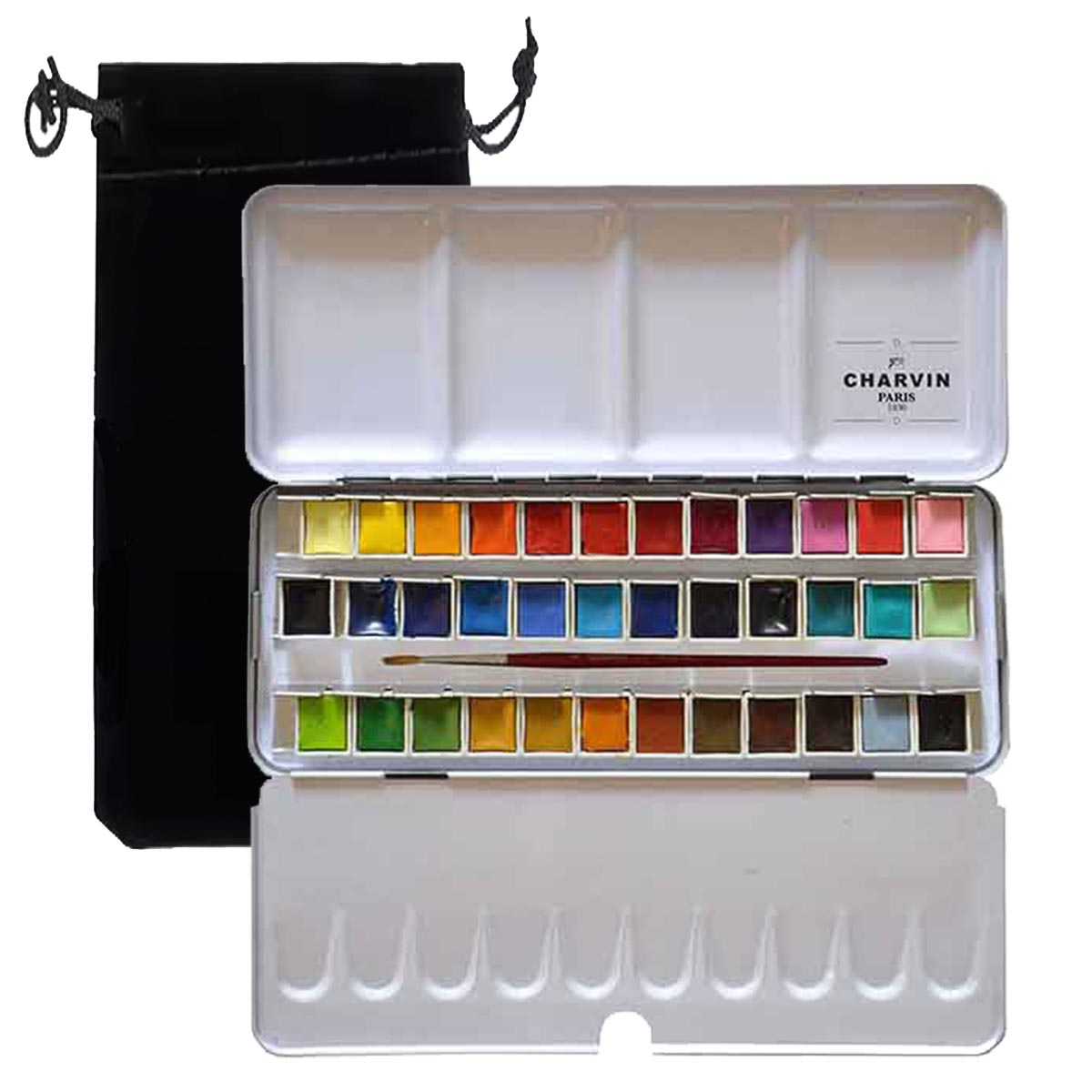 Charvin Extra-Fine Professional Watercolor Paint Set -  Watercolor Half Pan Set of 36, Made in France, Smooth Shellac-Like Finish, Transparent Pigments, Ideal for Layering & Mixed Media