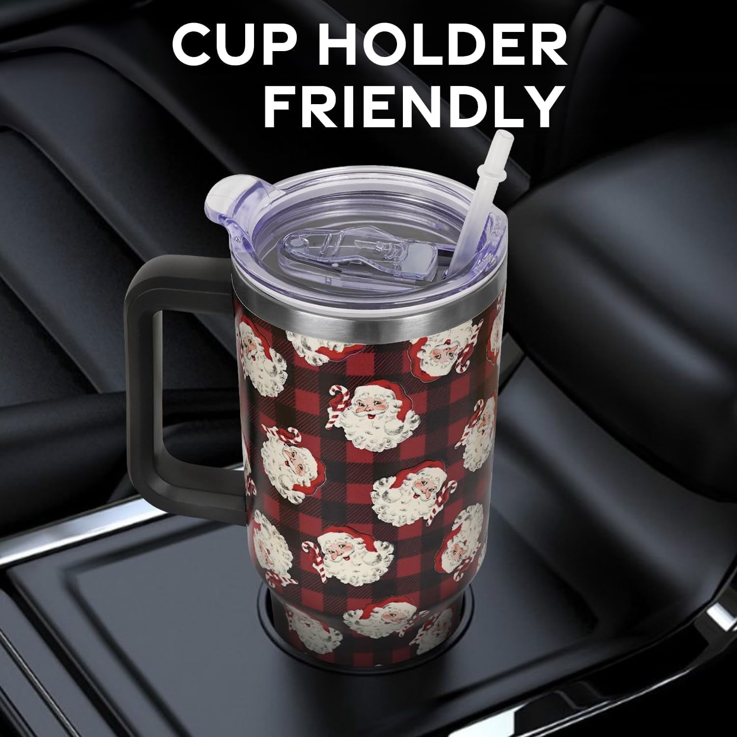 Christmas Santa Red Buffalo Plaid Tumbler with Handle and Straw Lid 40 oz,Cute Christmas Gifts for Women Vacuum Insulated Leak Proof Tumbler,Winter Holiday Accessories Stainless Steel Coffee Cup Mug