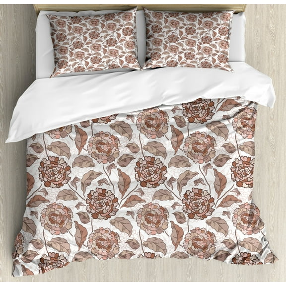 Floral Queen Size Duvet Cover Set, Earth Tones Blossom Chrysanthemums Cottage Foliage Ornamental Pattern, Decorative 3 Piece Bedding Set with 2 Pillow Shams, Warm Taupe Umber Blush, by Ambesonne