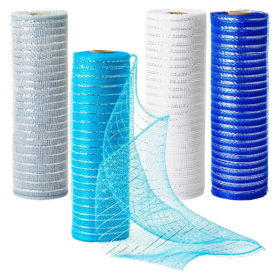 4-Pack Deco Mesh Ribbon Rolls, 10 in x 30 ft Craft Mesh for Wreaths, Centerpieces, Decorations, Metallic Poly Burlap Mesh 10 inches in Blue, Silver, White, and Royal Blue (10 yd)